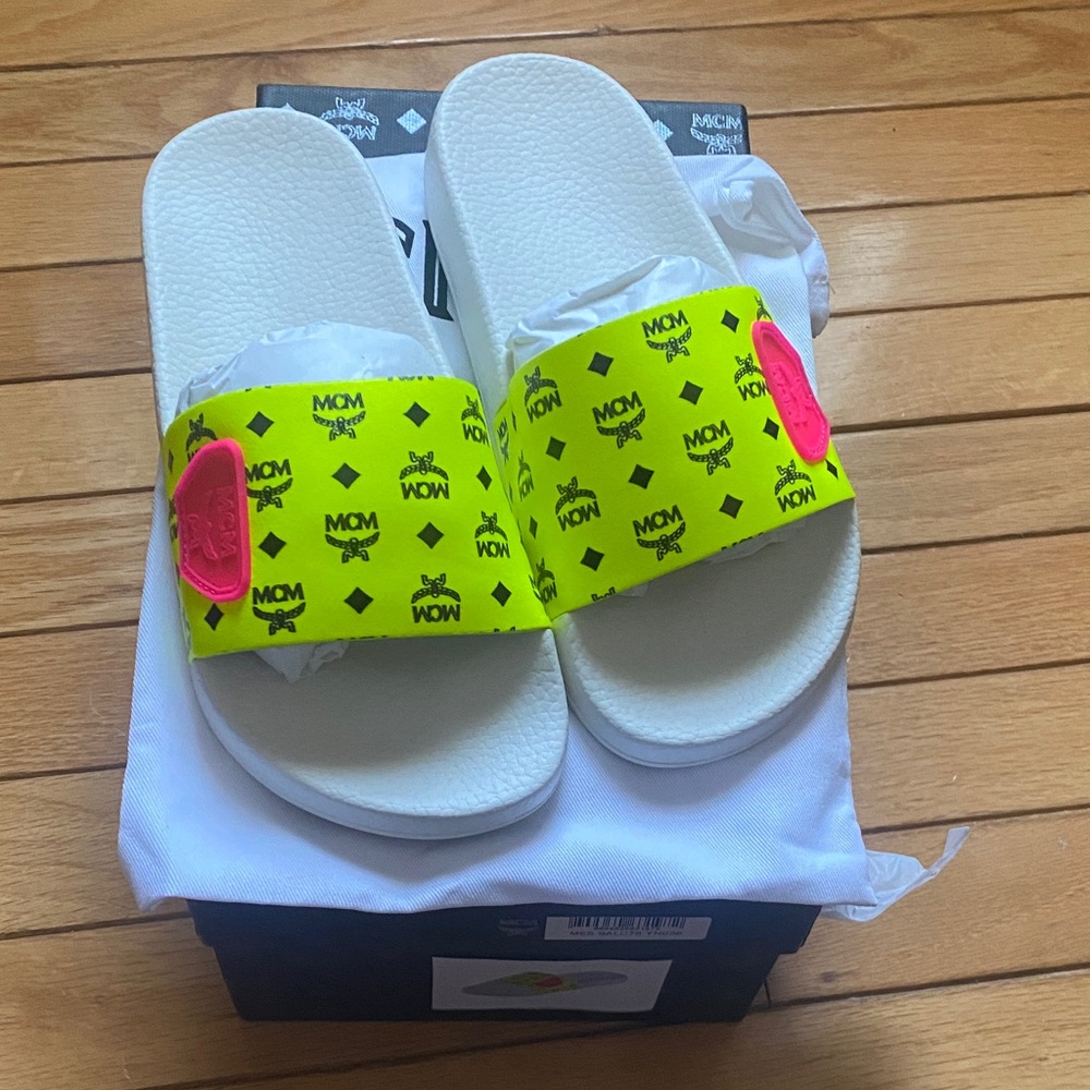 MCM Slide Sandals - Neon Yellow and White